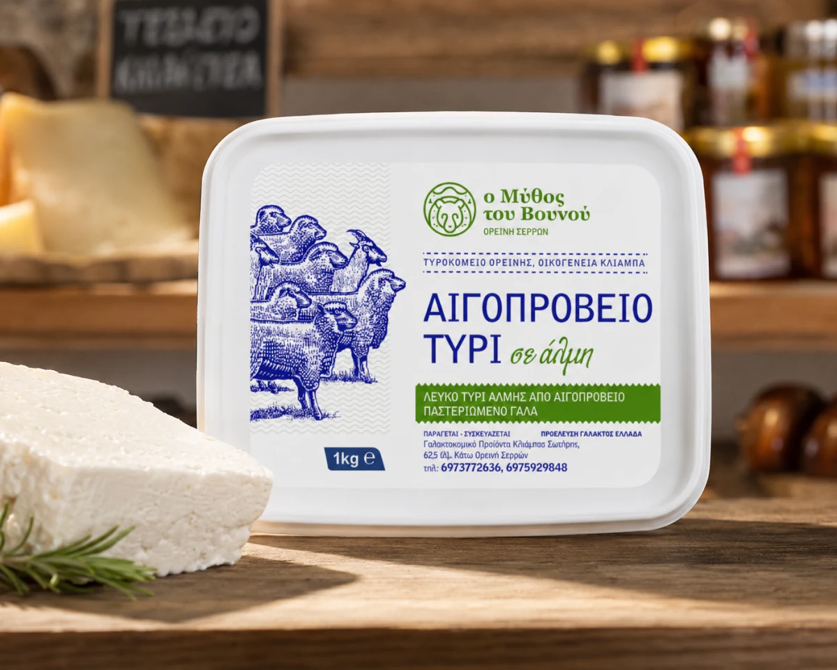 1 kg packaging of "O Mythos tou Vounou" sheep-and-goat cheese in brine, with a slab of fresh white cheese and a rosemary sprig on a wooden counter.