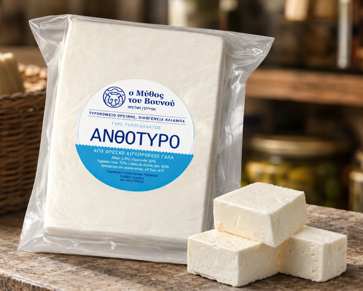 Vacuum-sealed packaging of "O Mythos tou Vounou" anthotyro from sheep-and-goat milk, next to chunks of the white cheese on a stone counter.