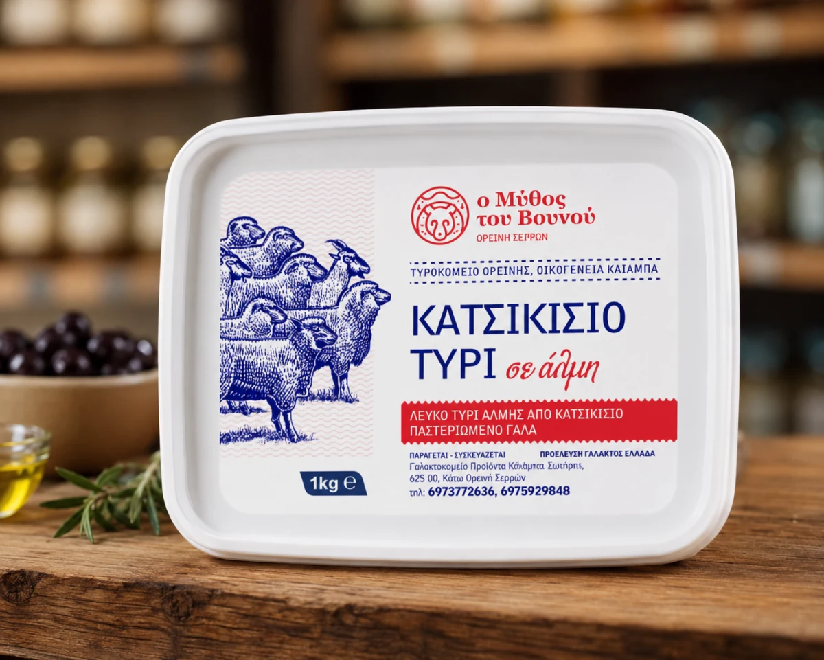 Συσκευασία κατσικίσιου τυριού «Ο Μύθος του Βουνού» 1 κιλό σε άλμη, πάνω σε ξύλινο πάγκο.