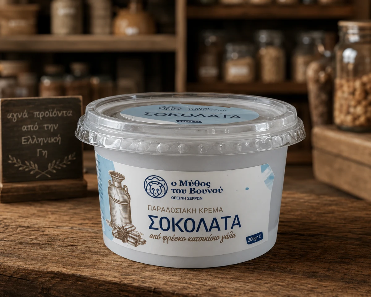 200 g packaging of "O Mythos tou Vounou" traditional chocolate cream from fresh goat milk, with milk-jug and chocolate-bar illustrations on the label, on a wooden counter.