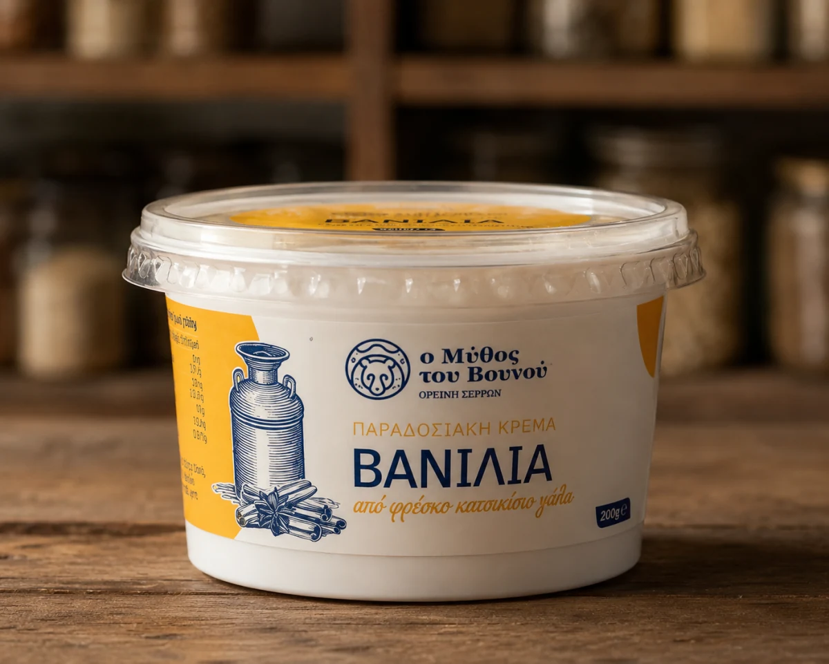 200 g packaging of "O Mythos tou Vounou" traditional vanilla cream from fresh goat milk, with milk-jug, vanilla pods and cinnamon-sticks illustrations on the label, on a wooden counter.
