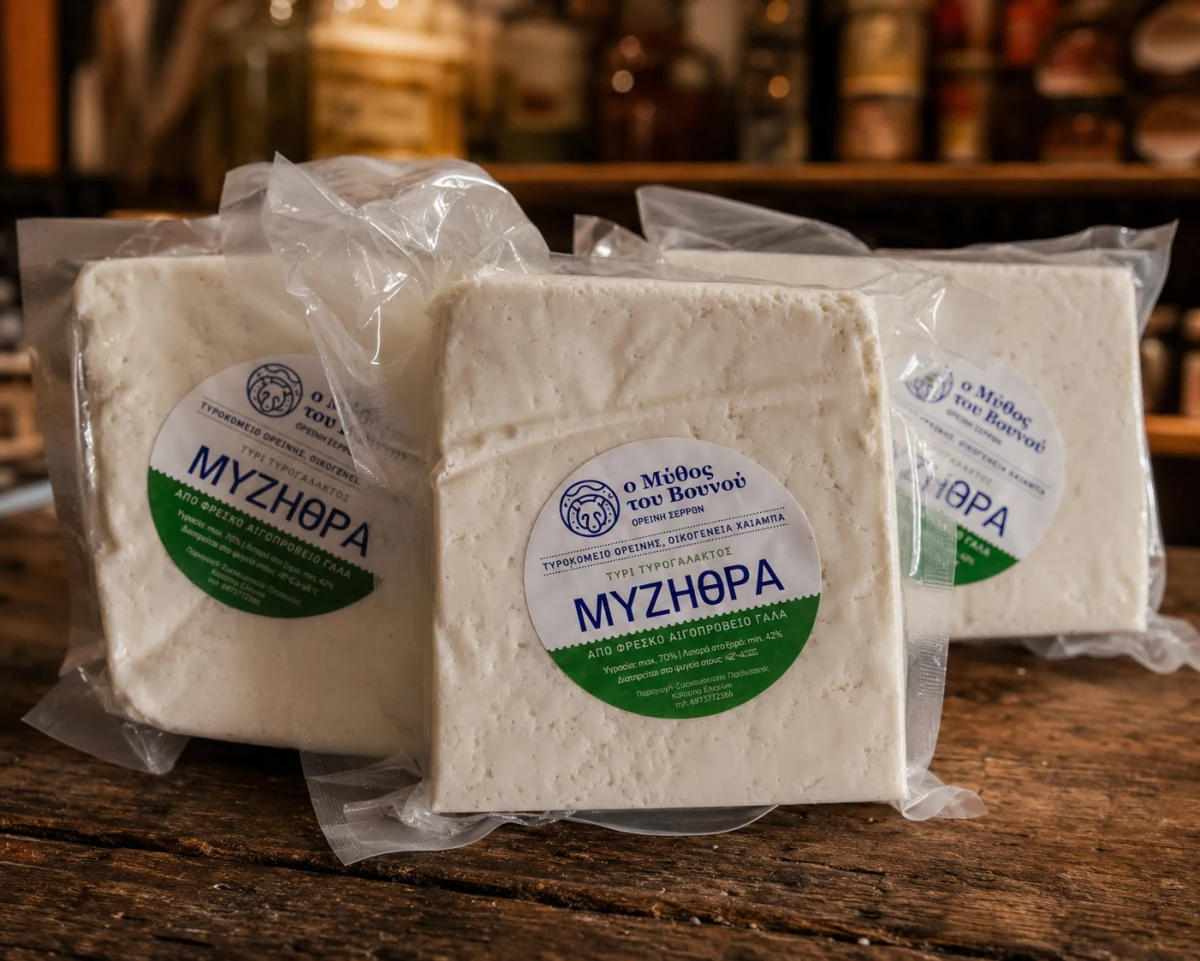Three vacuum-packed blocks of "O Mythos tou Vounou" fresh whey mizithra from sheep-and-goat milk, on a wooden counter in front of a traditional grocery's shelves.