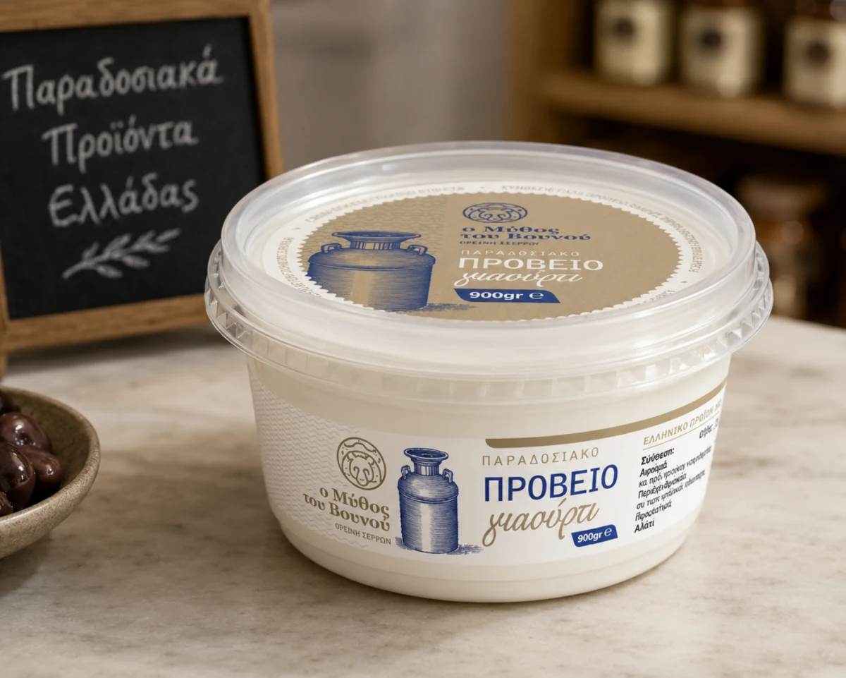 900 g packaging of "O Mythos tou Vounou" traditional sheep yogurt on a marble counter in front of a chalkboard reading 'Traditional Greek Products'.