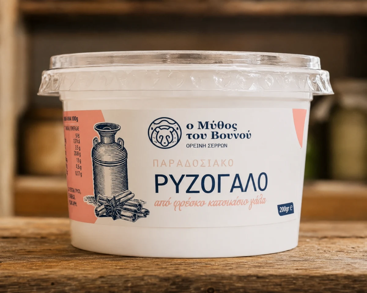 200 g packaging of "O Mythos tou Vounou" traditional rice pudding from fresh goat milk, with milk-jug and cinnamon-sticks illustrations on the label, on a wooden counter.